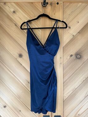 Speechless Navy Satin Wrap Mini Dress with Strappy V-Neck